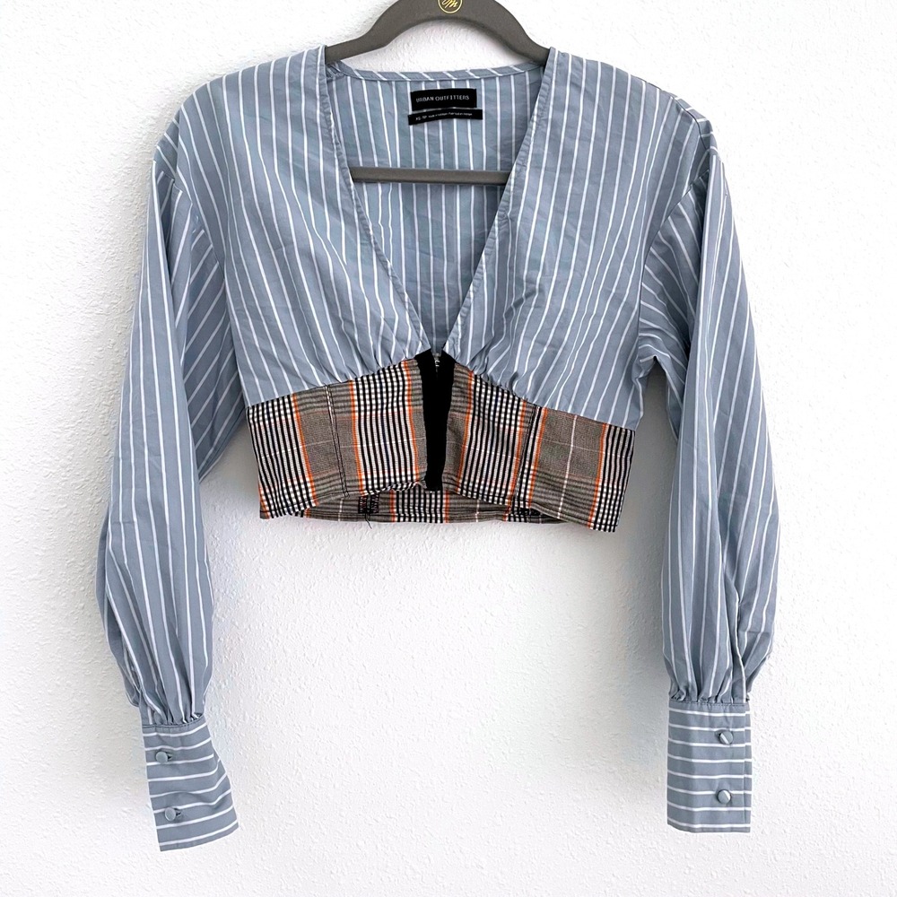 Urban Outfitters Pinstriped Plaid Hem Long Sleeve Deep Plunge Vneck Crop Top